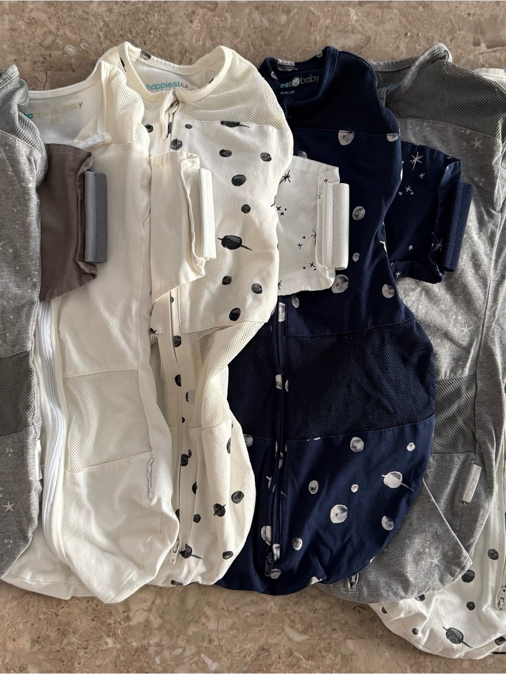 happiest baby Kids One-Piece Sleep Sacks - White, Navy, Gray and 2 Snoo Sheets